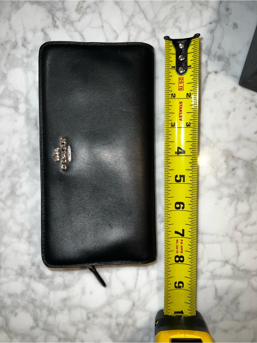 Black Leather Pocketbook/Zippered Wallet with Gold Tone Logo